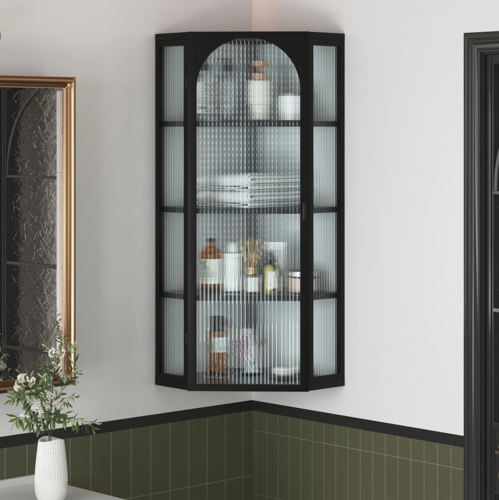 Mobile pensile da parete 56x40x105 cm con 4 ripiani in metallo e vetro temperato nero