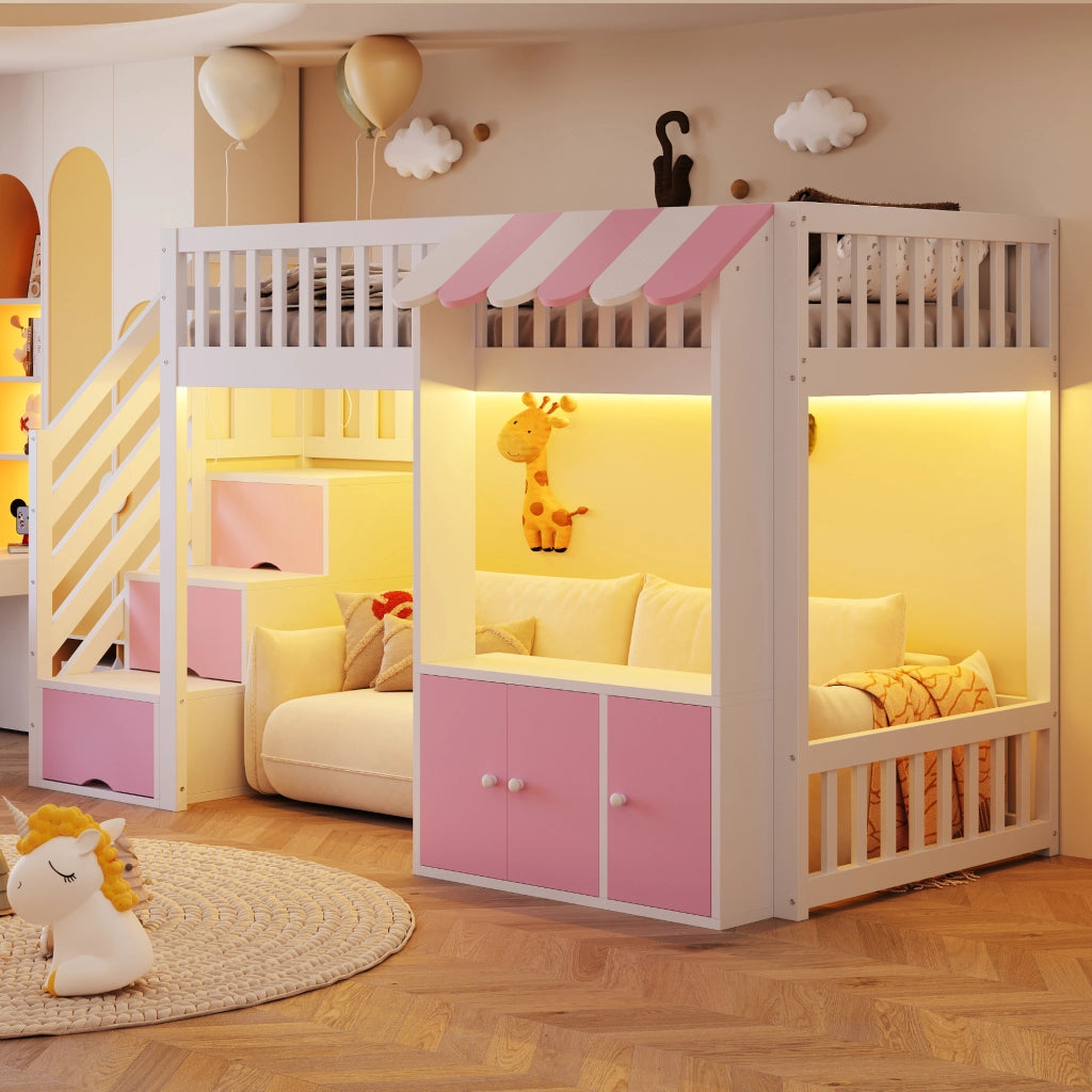 Letto a soppalco singolo 90 × 200 cm con scala contenitore in legno rosa e bianco con luci multicolore