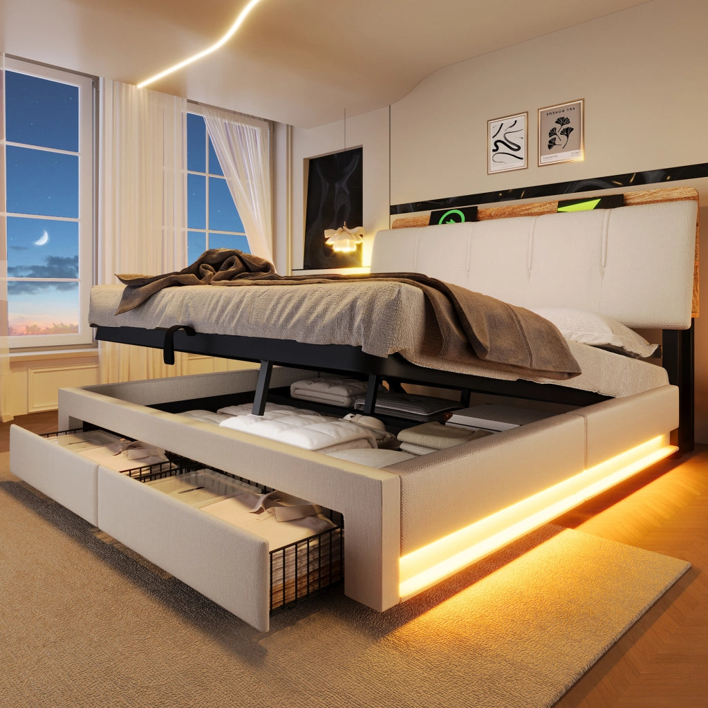 Letto contenitore 140x200 cm in lino beige con cassetti; testiera portaoggetti; LED e USB-C