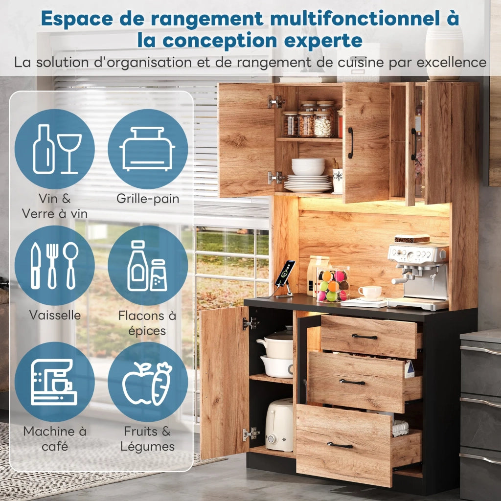 Armadio alto da cucina moderno 105x40x180 cm, nero e effetto legno, con illuminazione LED, ripiani regolabili e presa europea. Per cucina, sala da pranzo, soggiorno