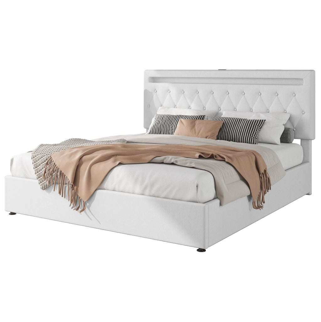Letto matrimoniale imbottito 180x200 cm con sollevamento idraulico, illuminazione ambientale a LED e porta USB, colore bianco
