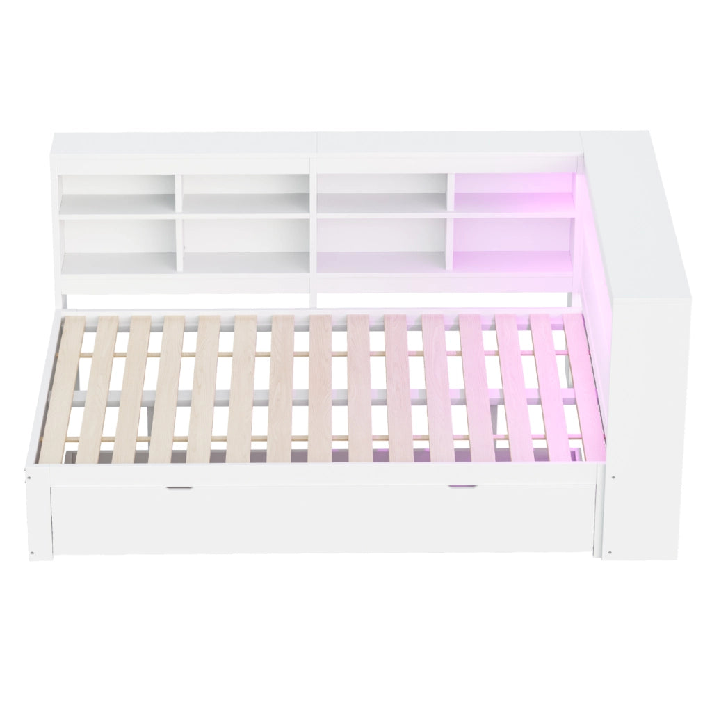 Letto contenitore matrimoniale 140×200 cm con USB; LED; ripiani e cassetti; senza materasso; legno; bianco