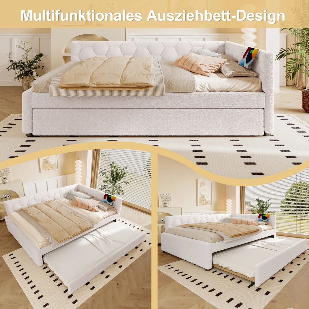 Letto con letto estraibile 140 × 200 cm con USB e porta USB-C lampada da comodino bianco con rete a doghe