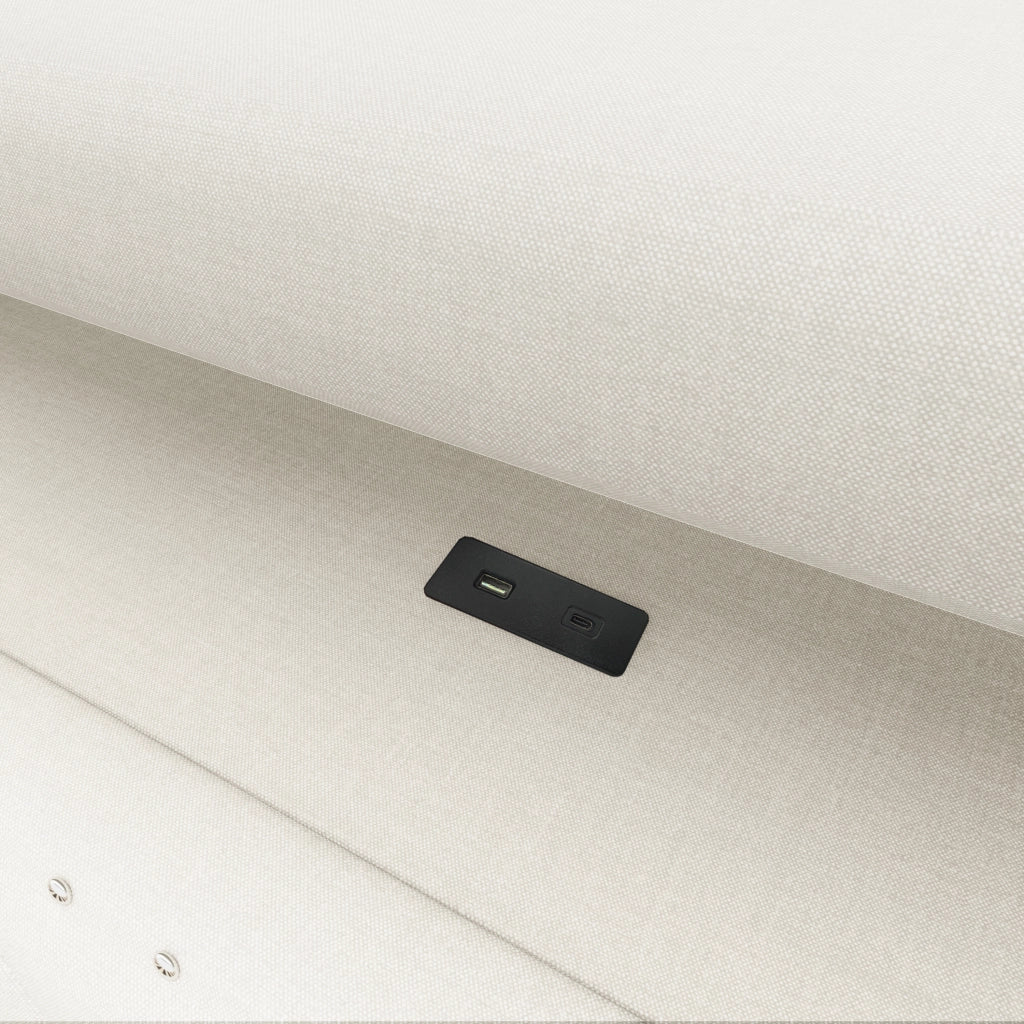 Letto contenitore 90 × 200 cm con vano idraulico LED; testiera sospesa USB e USB-C; lino e MDF beige