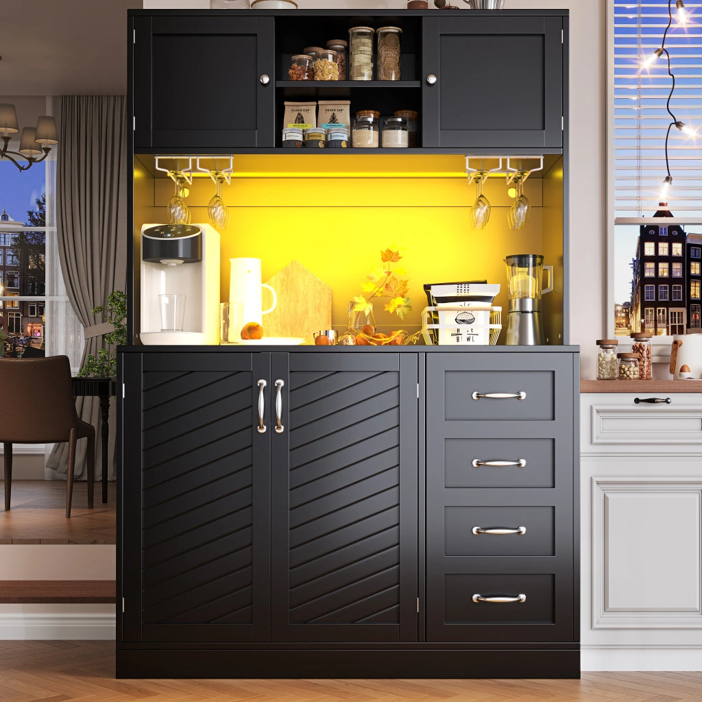 Credenza da cucina alta con LED, 4 ante, 2 cassetti e portabottiglie, per cucina, in MDF nero, 120 × 40 × 188 cm