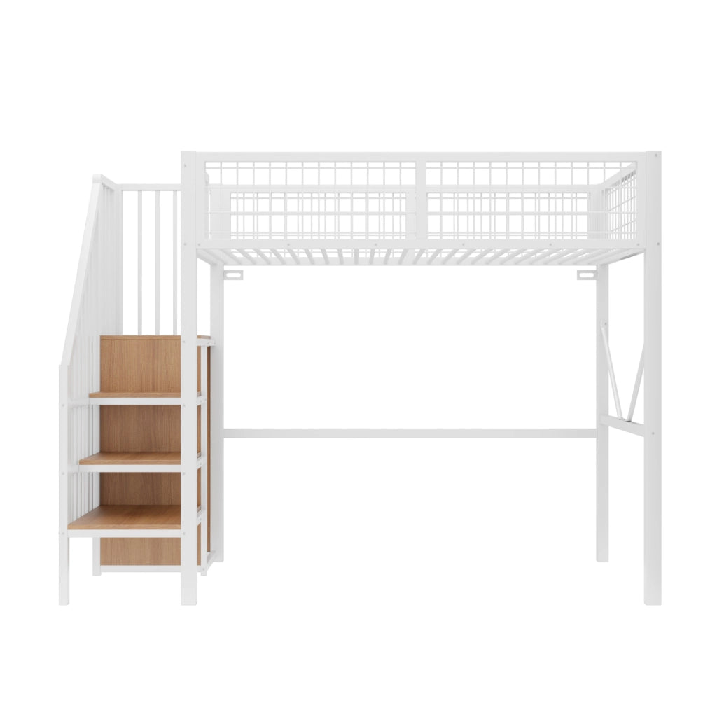 LETTO A SOPPALCO 90x200 cm Metallo Bianco con LED e Scala Contenitore