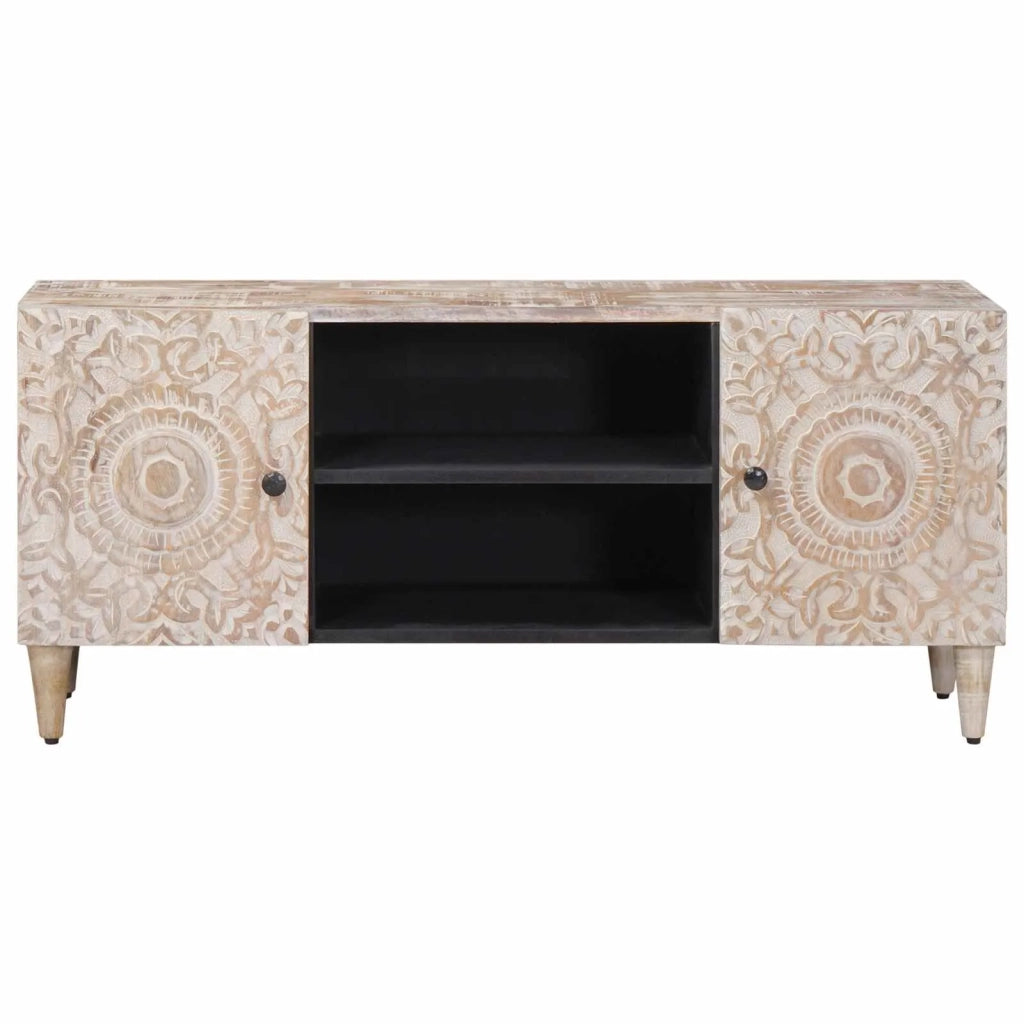 Mobile TV Bianco 105 x 33,5 x 46 cm Legno di mango massello 4018368