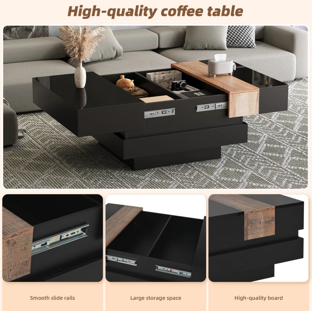 Tavolino da salotto quadrato 70x70x39 cm in MDF nero con piano estraibile e spazio contenitore nascosto
