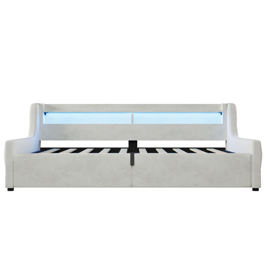 Letto singolo imbottito 90 × 200 cm con vano contenitore LED in velluto bianco sporco senza materasso