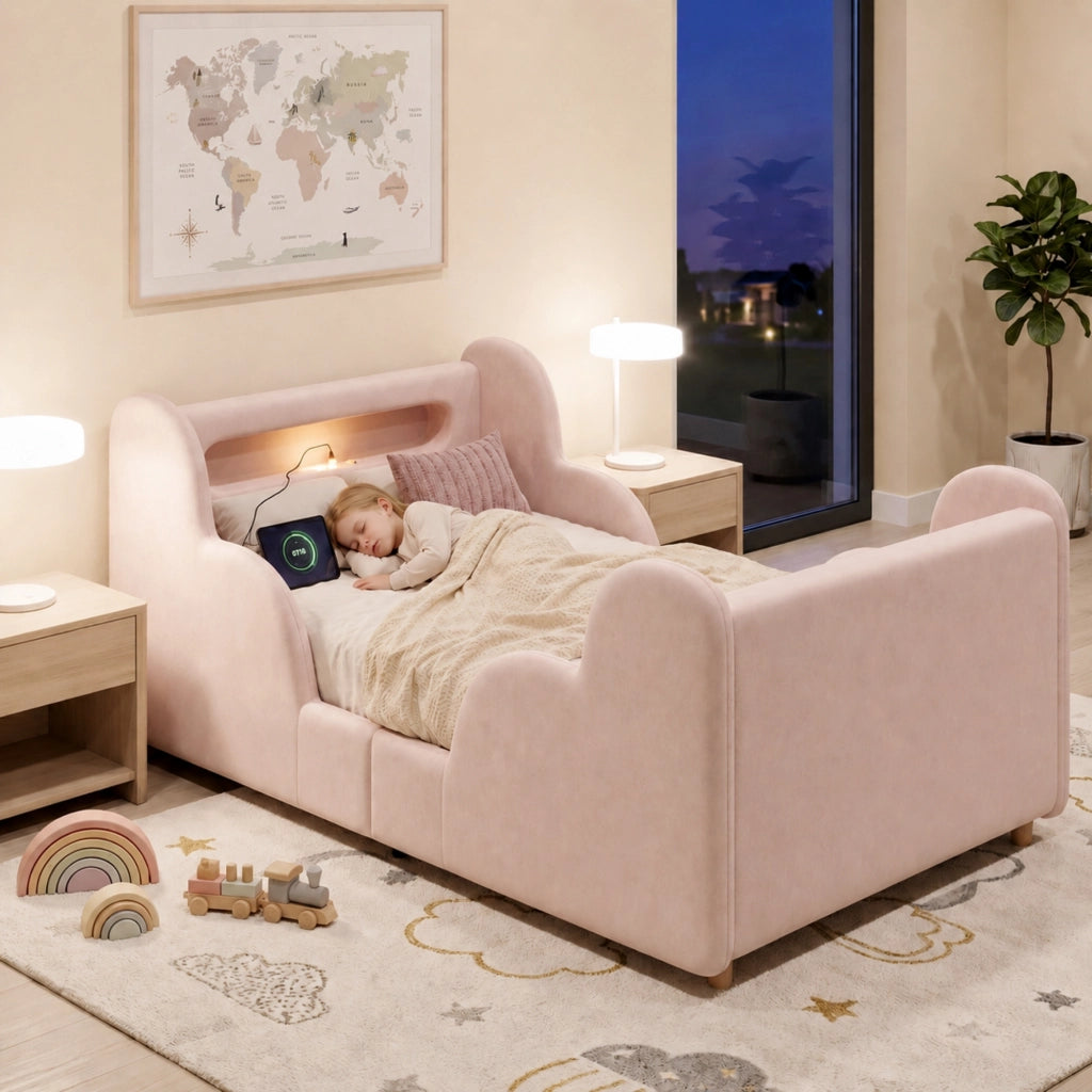 Letto per bambini singolo 200 × 90 cm con barriere imbottite, luce notturna, USB e Type-C, senza materasso, rosa