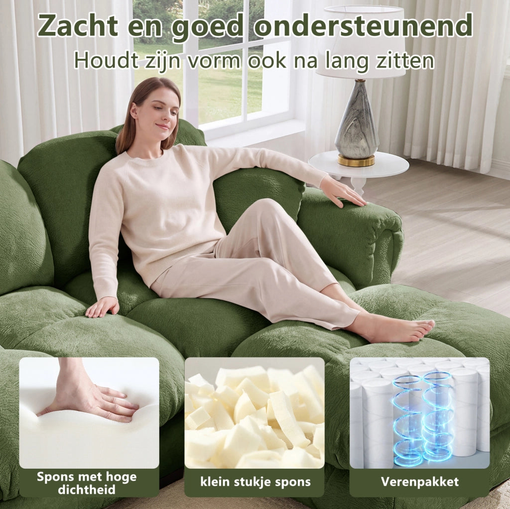 Divano angolare ULEVR 260x149x90 cm con pouf mobile e cuscini trapuntati in ciniglia verde