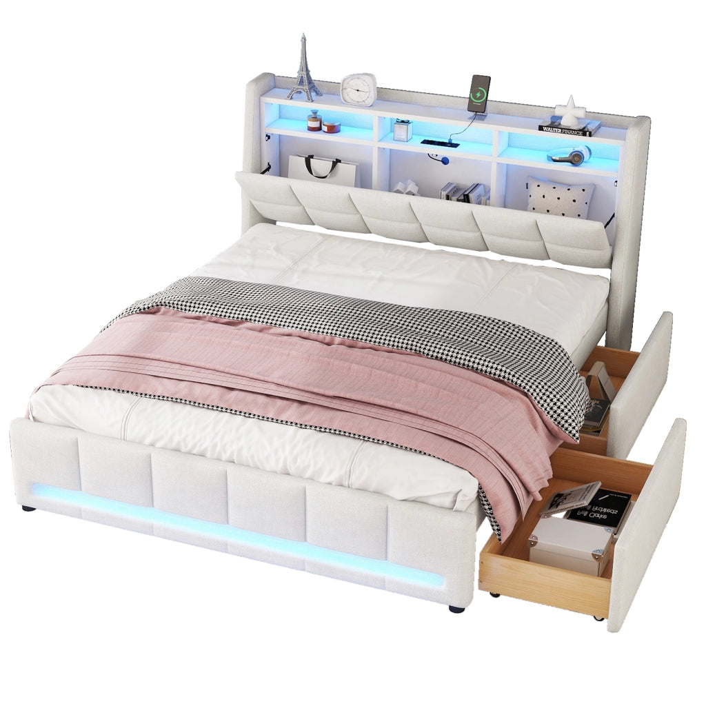 Letto imbottito 140x200 cm con LED, USB, cassetti e vani contenitore in lino beige