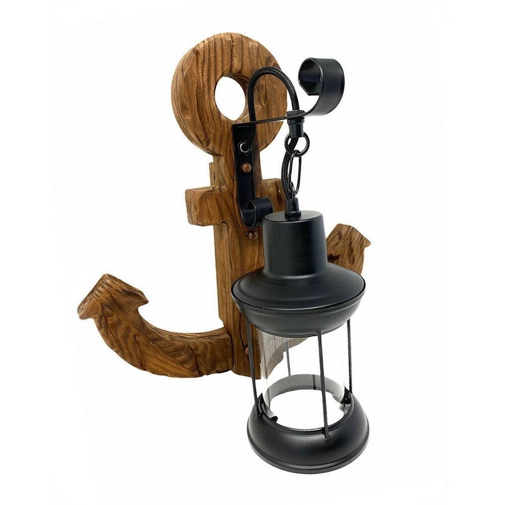 Trade Shop - Applique In Legno Con Base Ad Ancora Lanterna Country Lampada Industrial E27 E54 -