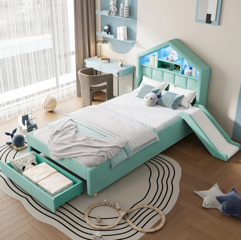 Letto bambini 90x200 cm blu verde imbottito con scivolo reversibile, illuminazione LED, porta di ricarica, ripiani e ampio contenitore sottoletto