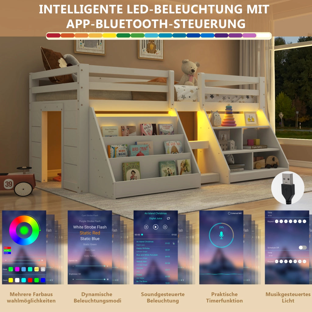 Letto a soppalco 90 ¡Á 200 cm con 4 cassetti scala con ripiani e illuminazione LED bianco