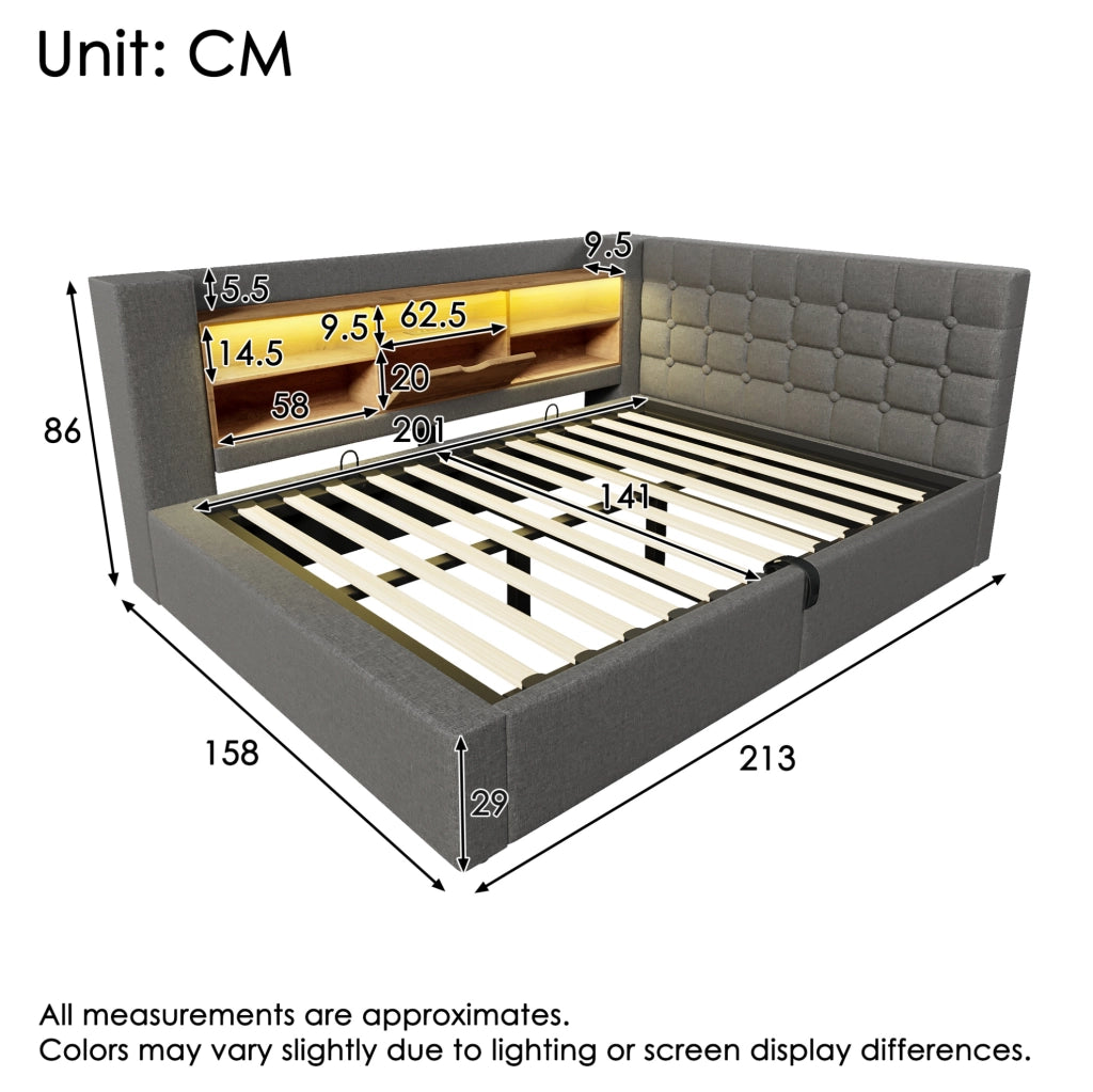 Letto 140x200 cm con contenitore idraulico; LED e porte USB in lino grigio