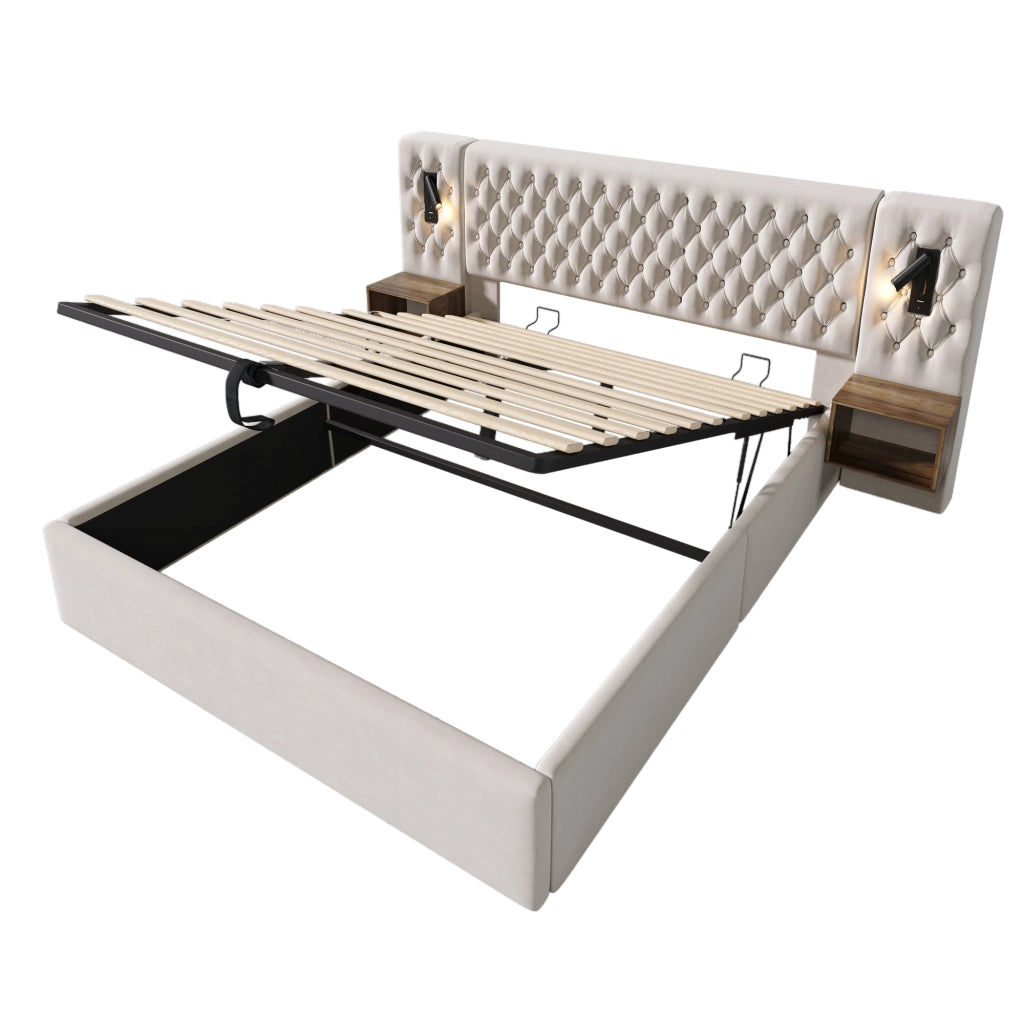 Letto matrimoniale contenitore 160×200 cm con comodini; luci da lettura; USB e Type-C; senza materasso; beige