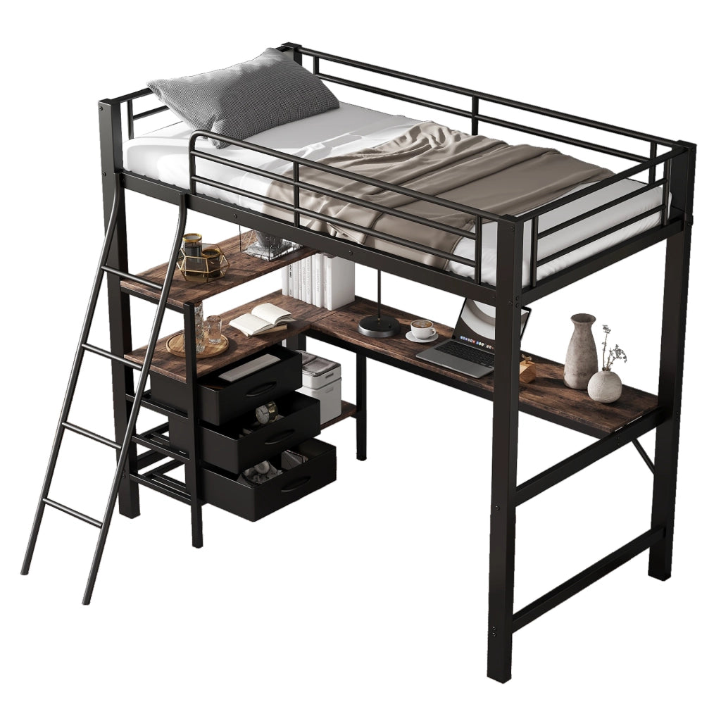Letto a soppalco 90 × 200 cm 1 posto con scrivania da 200 cm, 3 cassetti e scala inclinata, senza materasso, nero
