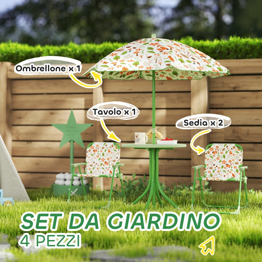 Set da Giardino per Bambini 2-5 Anni con Tavolino Rotondo, 2 Sedie Pieghevoli e un Ombrellone, Verde