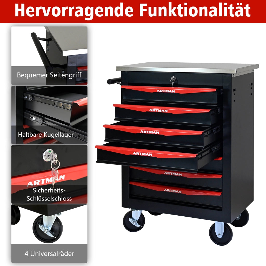 Carrello portautensili con 7 cassetti chiudibile a chiave in acciaio con ruote nero e rosso 62.5 × 34.5 × 78 cm