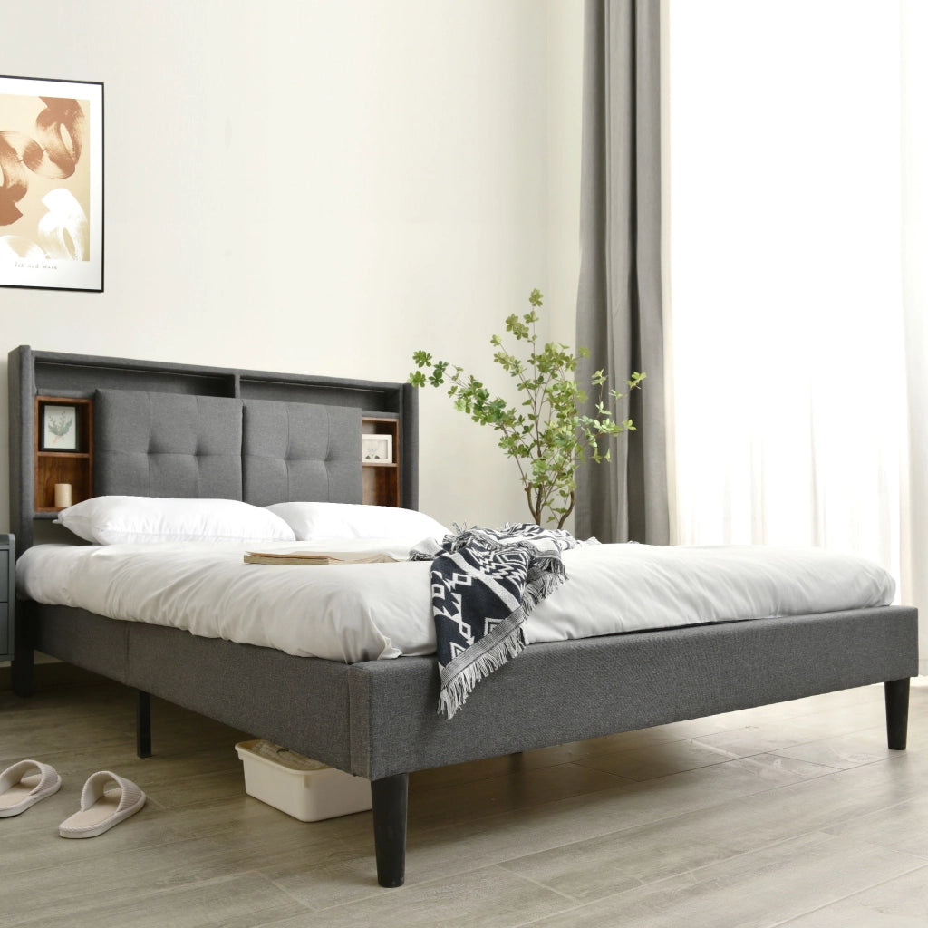 Letto imbottito 140 × 200 cm con testiera contenitore LED USB e prese in legno grigio