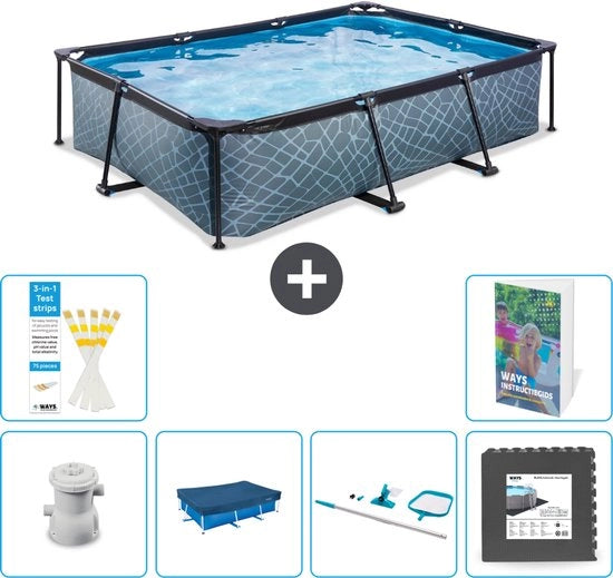 Piscina in pietra rettangolare - 300 x 200 x 65 cm - Compreso impianto di pompaggio copertura - Set di pulizia - Piastrelle da pavimento - 7 pezzi