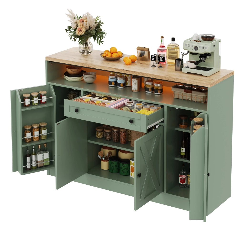 Mobile da cucina e soggiorno, 140x35x95 cm, con illuminazione LED, 1 cassetto, ripiani ante e 4 porte a granaio