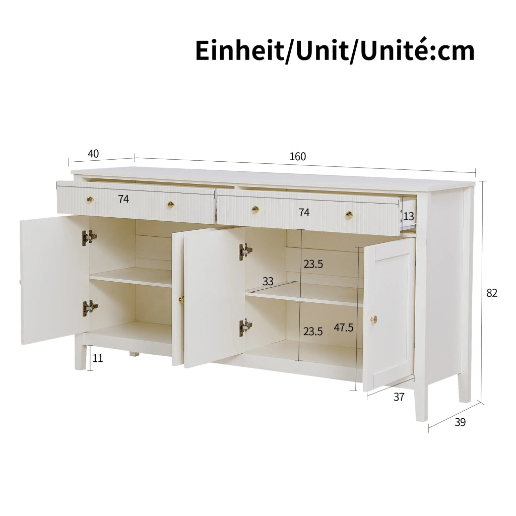 Credenza bianca 160 cm con 4 ante e 2 cassetti in MDF; maniglie dorate