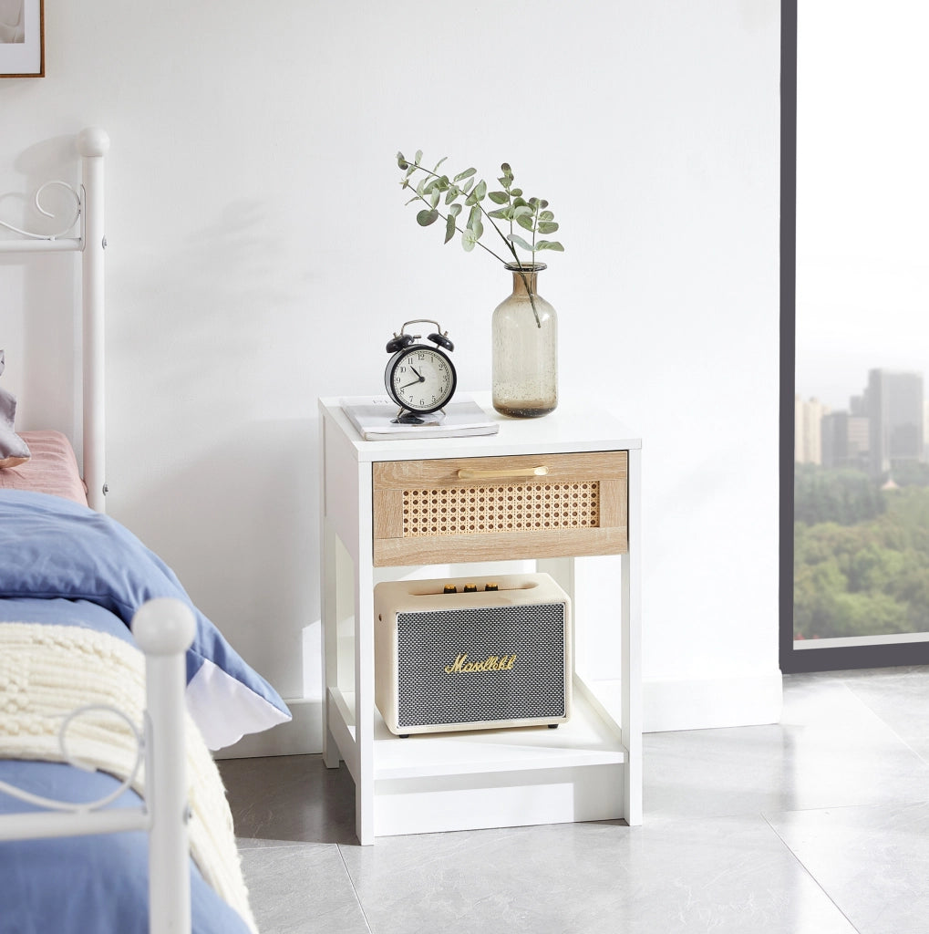 Comodino in rattan con cassetto, bianco, 55x40x40 cm, design moderno per camera e soggiorno