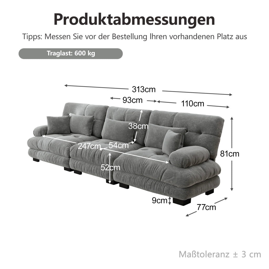 Divano modulare in ciniglia grigia con seduta profonda e cuscini decorativi 313 × 77 × 81 cm