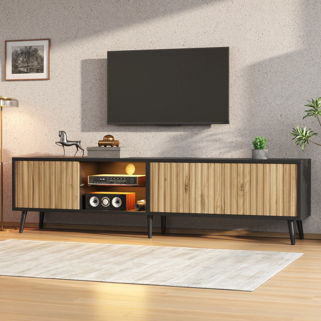 Mobile TV LED con 3 ante e ripiani in vetro regolabili per soggiorno, legno naturale e nero, 175 × 31 × 43.5 cm