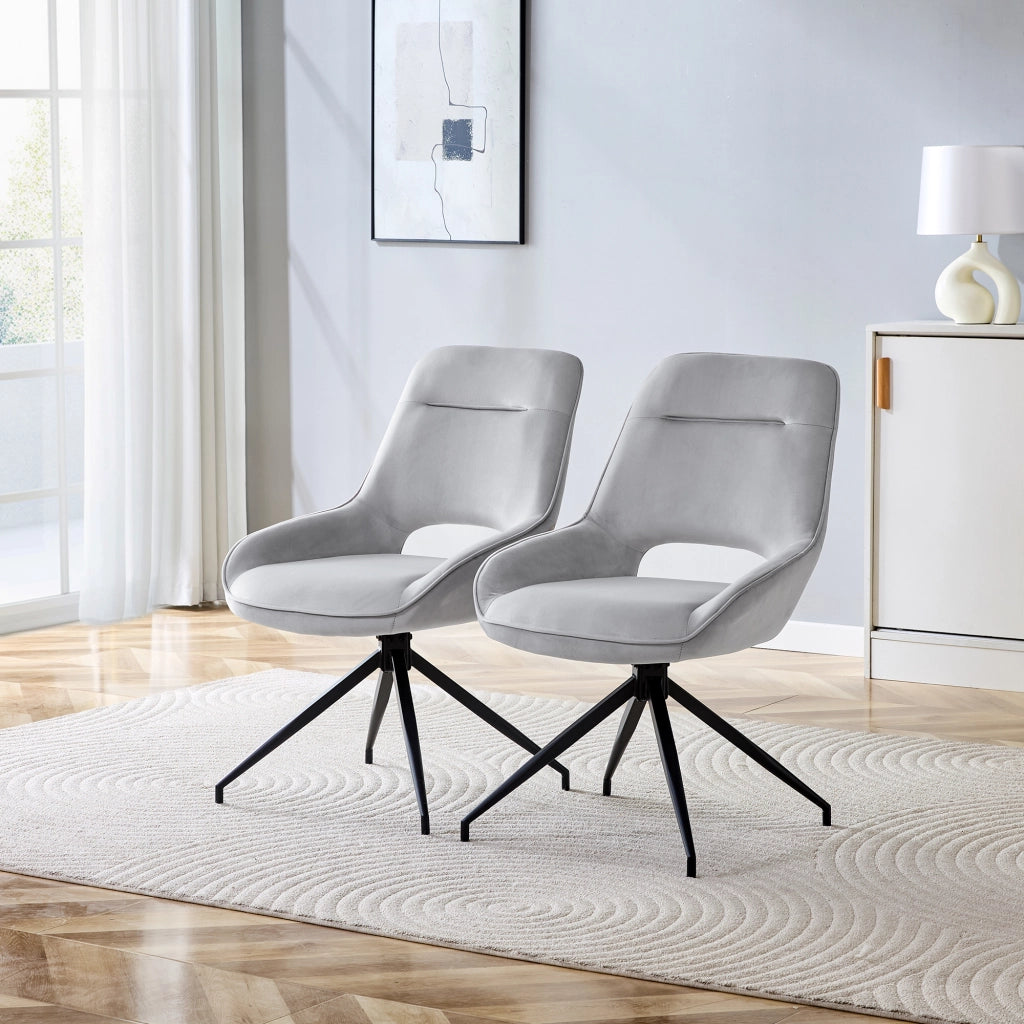 Set 2 sedie da pranzo girevoli in velluto grigio chiaro con gambe in metallo nero