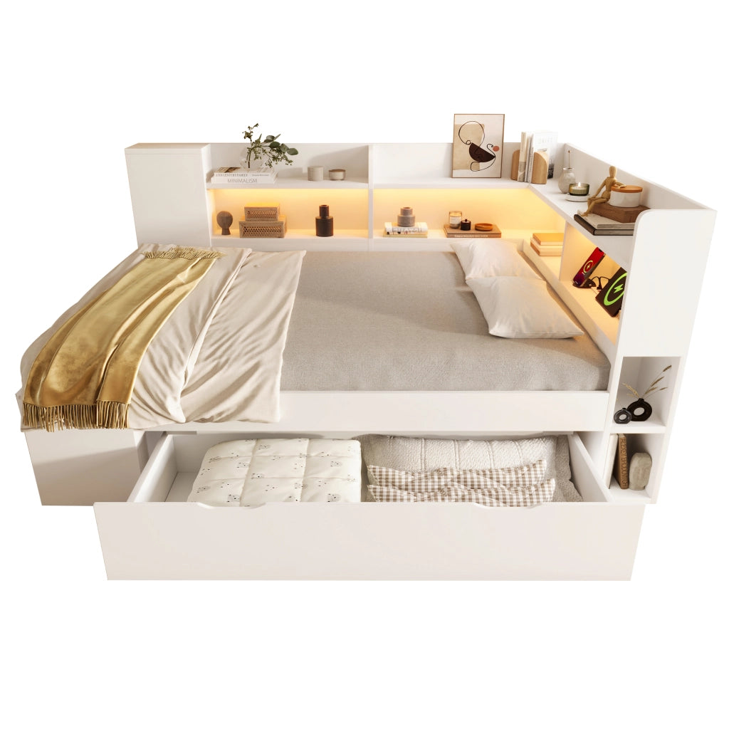 Letto Matrimoniale 140x200 cm Bianco in Legno con Cassetti; Mensole; Prese USB e Illuminazione LED