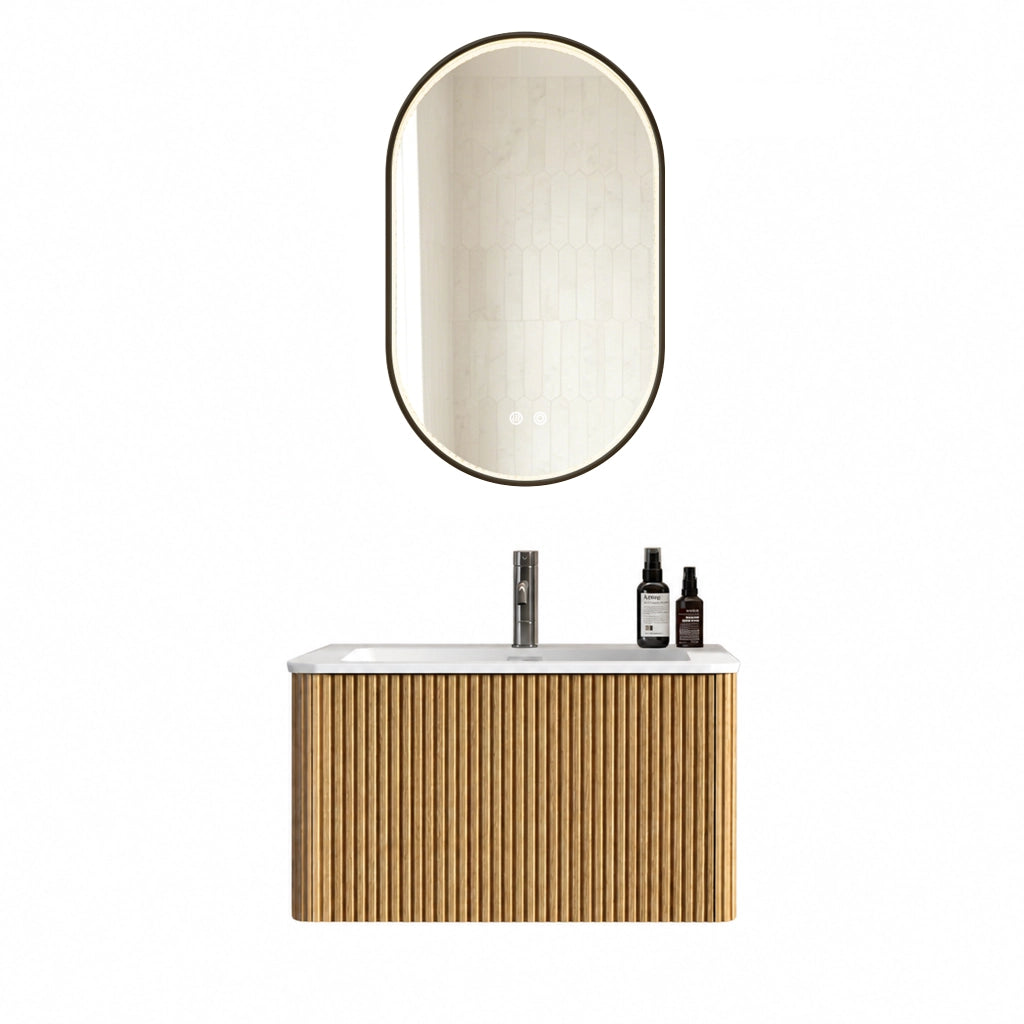 Mobile da bagno con lavabo integrato e specchio LED, per bagno, in MDF, rovere
