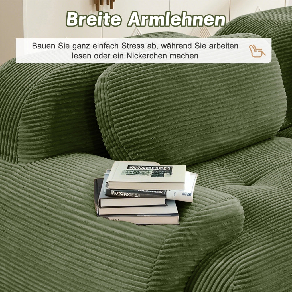 Divano 3 sedili modulari 298x103x75 cm; senza struttura; braccioli ergonomici; rivestimento ad alta elasticità; antiscivolo; velluto a coste; verde