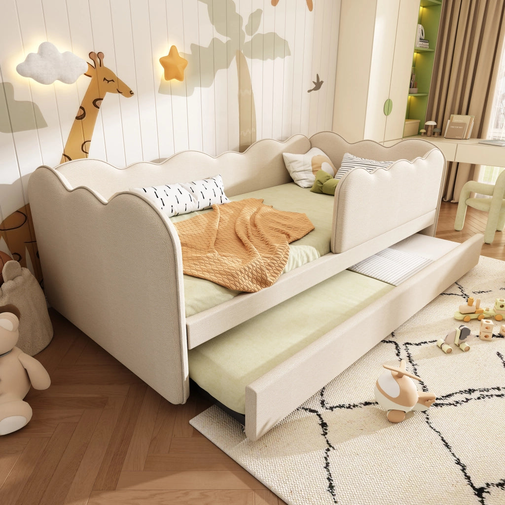 Letto con letto estraibile 90 × 190 cm con sponda rimovibile e schienale imbottito in lino beige