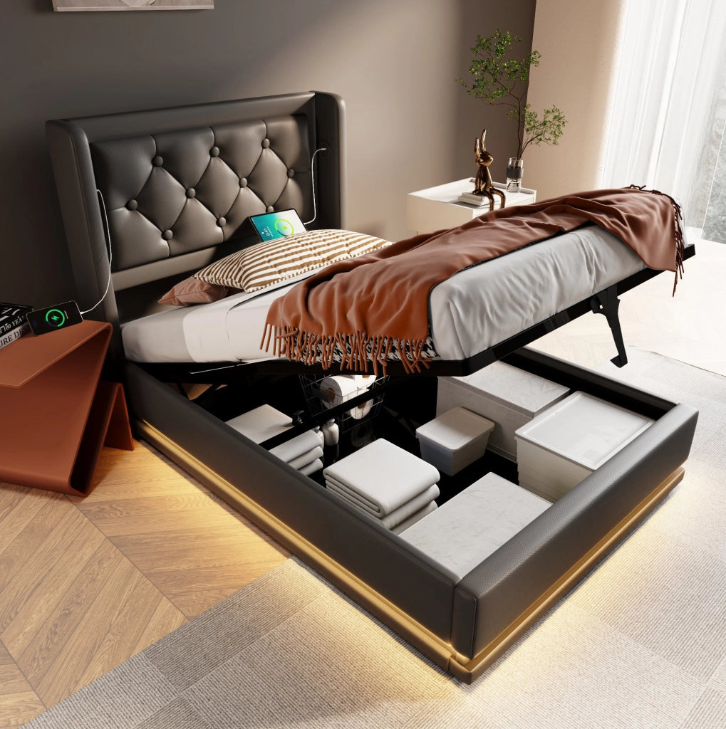 Letto contenitore 90x200 cm con LED e USB C; PU nero