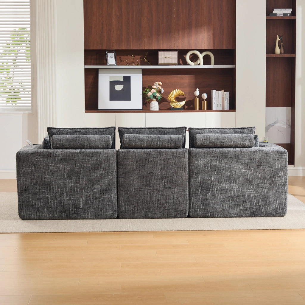 Divano modulare a 3 posti in ciniglia grigio scuro con pouf cuscini e tasche laterali 256 × 161 × 75 cm