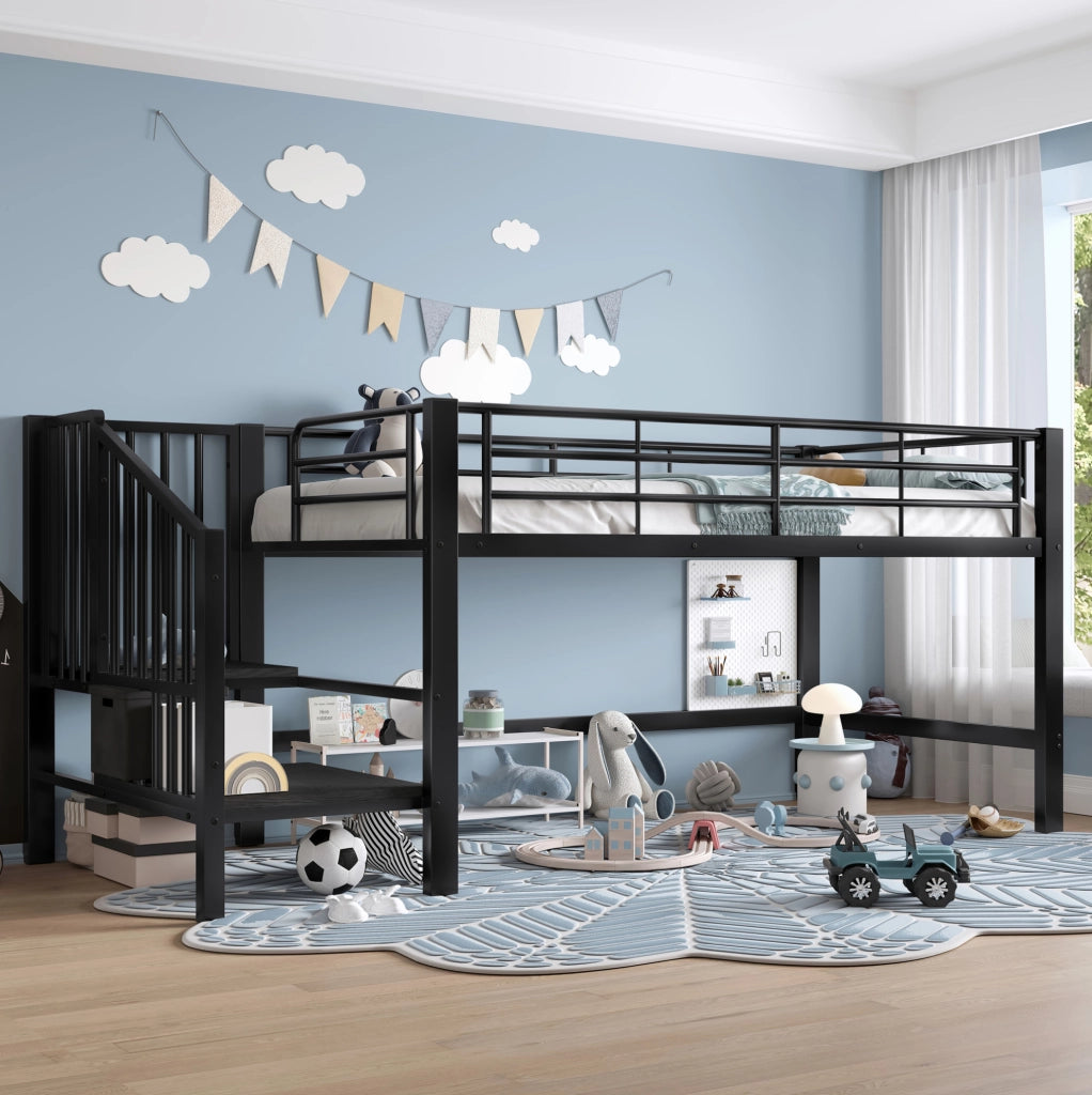 Letto a soppalco per bambini 90x200 cm in metallo nero con scala contenitore