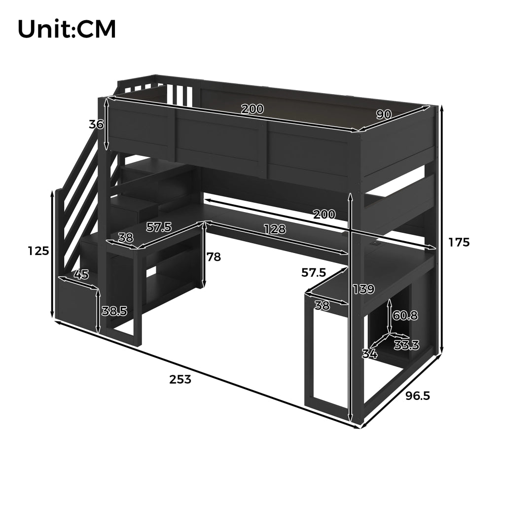 Letto a soppalco 90 × 200 cm con scrivania scala contenitore USB LED in MDF e compensato nero