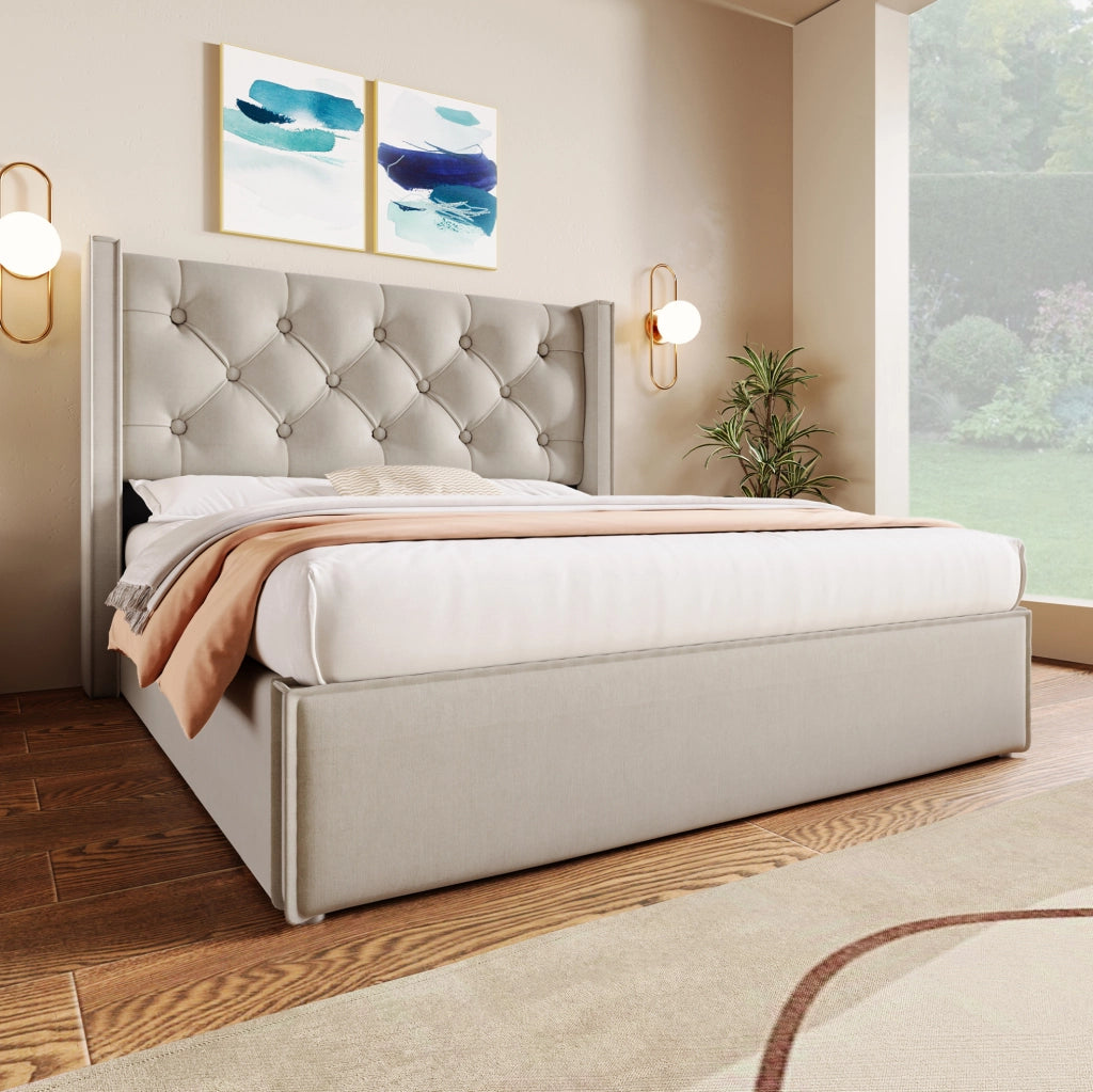 Letto 160x200 cm con contenitore e sollevamento idraulico in cotone grigio chiaro
