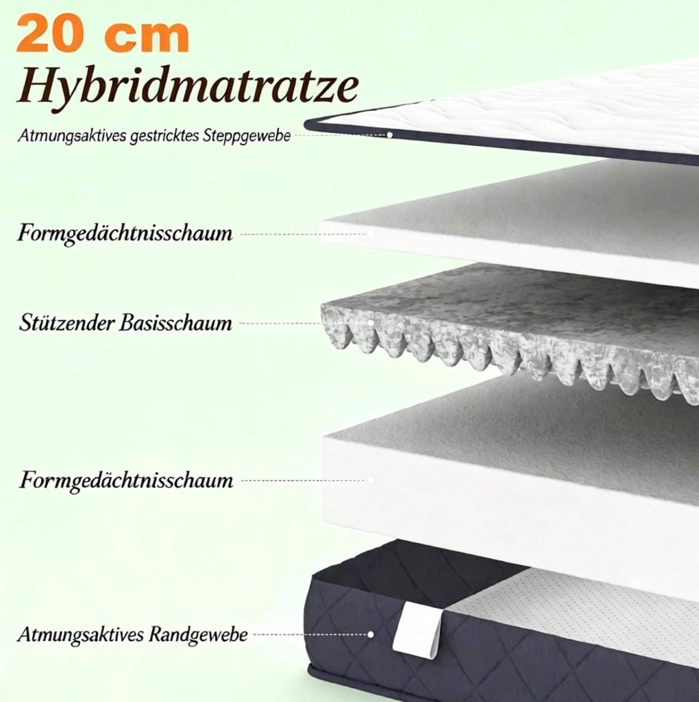 Materasso 140x190 cm in memory foam, spessore 20 cm