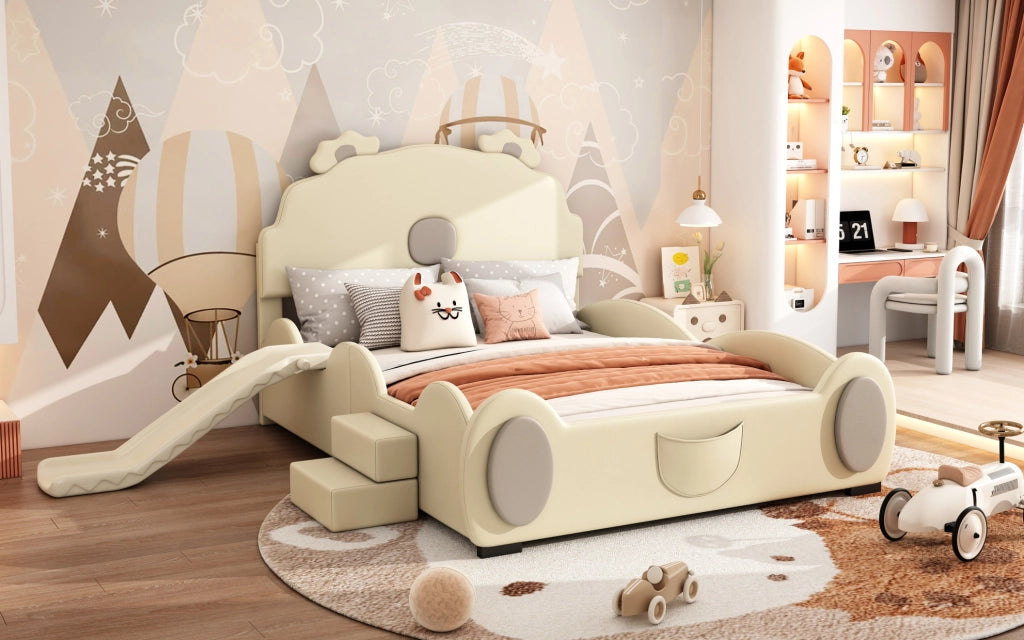 Letto per bambini 140x200 cm a forma di orso con scivolo e scala, materiale PU e MDF, beige