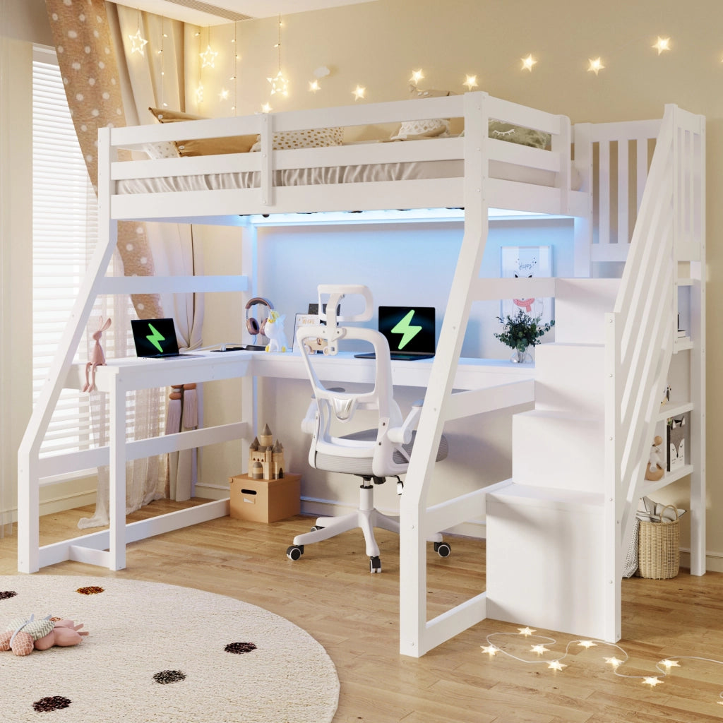 Letto a soppalco in legno 90x200 cm con scrivania; scala con contenitore e LED; bianco