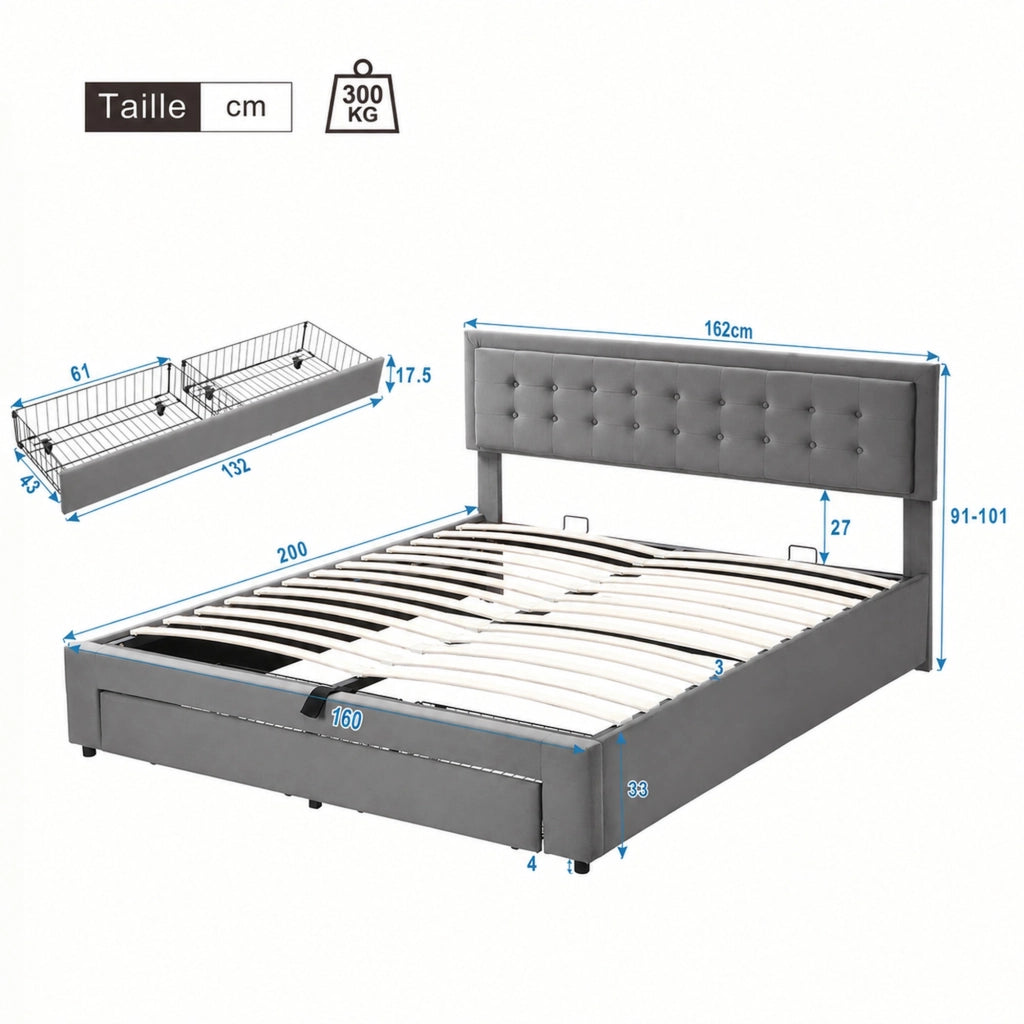 Letto matrimoniale contenitore 160 × 200 cm in velluto grigio con testiera regolabile e cassetti in rete