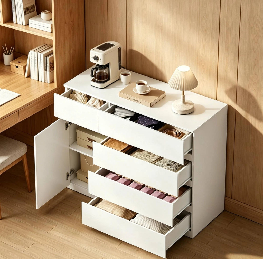Mobile contenitore bianco moderno con 5 cassetti e armadio, 100x40x80 cm