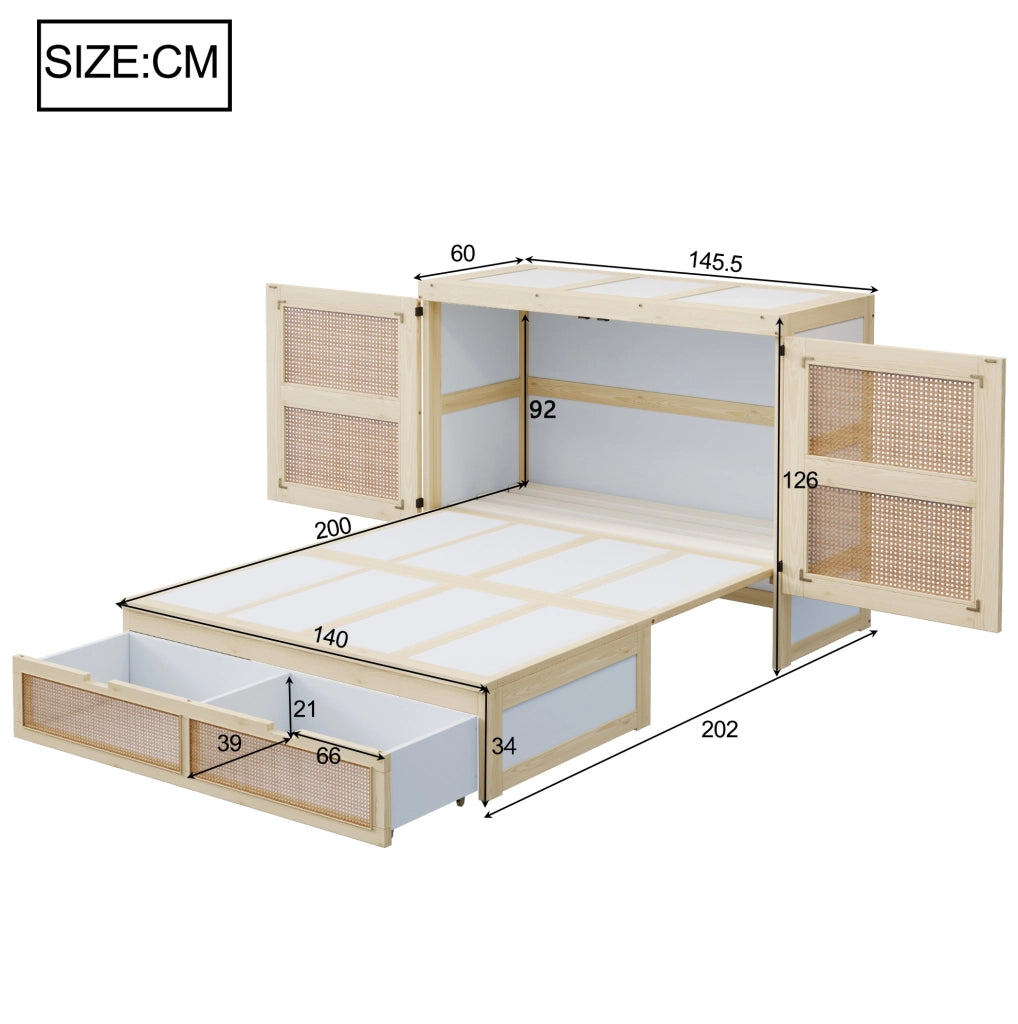 Letto a scomparsa 140x200 cm con rete a doghe, design in rattan e struttura in legno, con cassetti contenitori