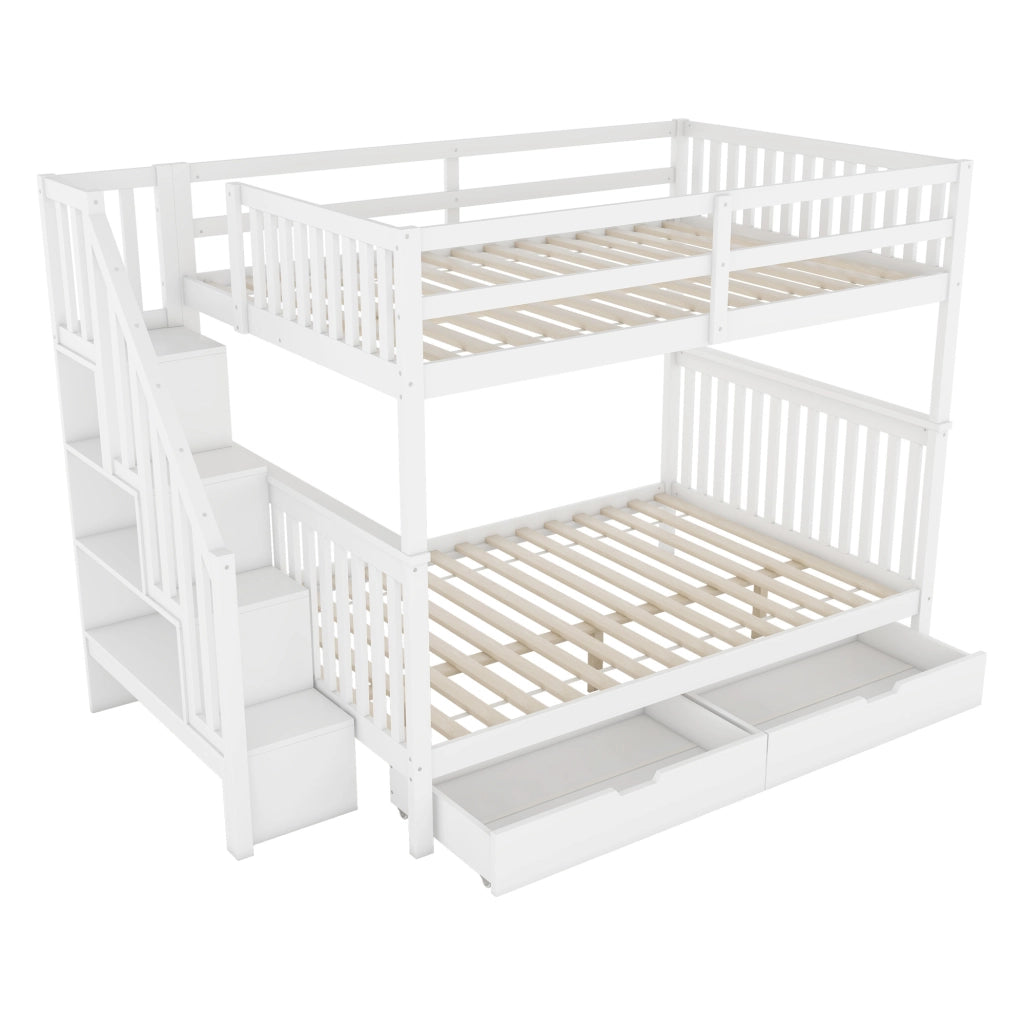 Letto a castello 140x200 cm con 2 cassetti e scala in pino e MDF bianco