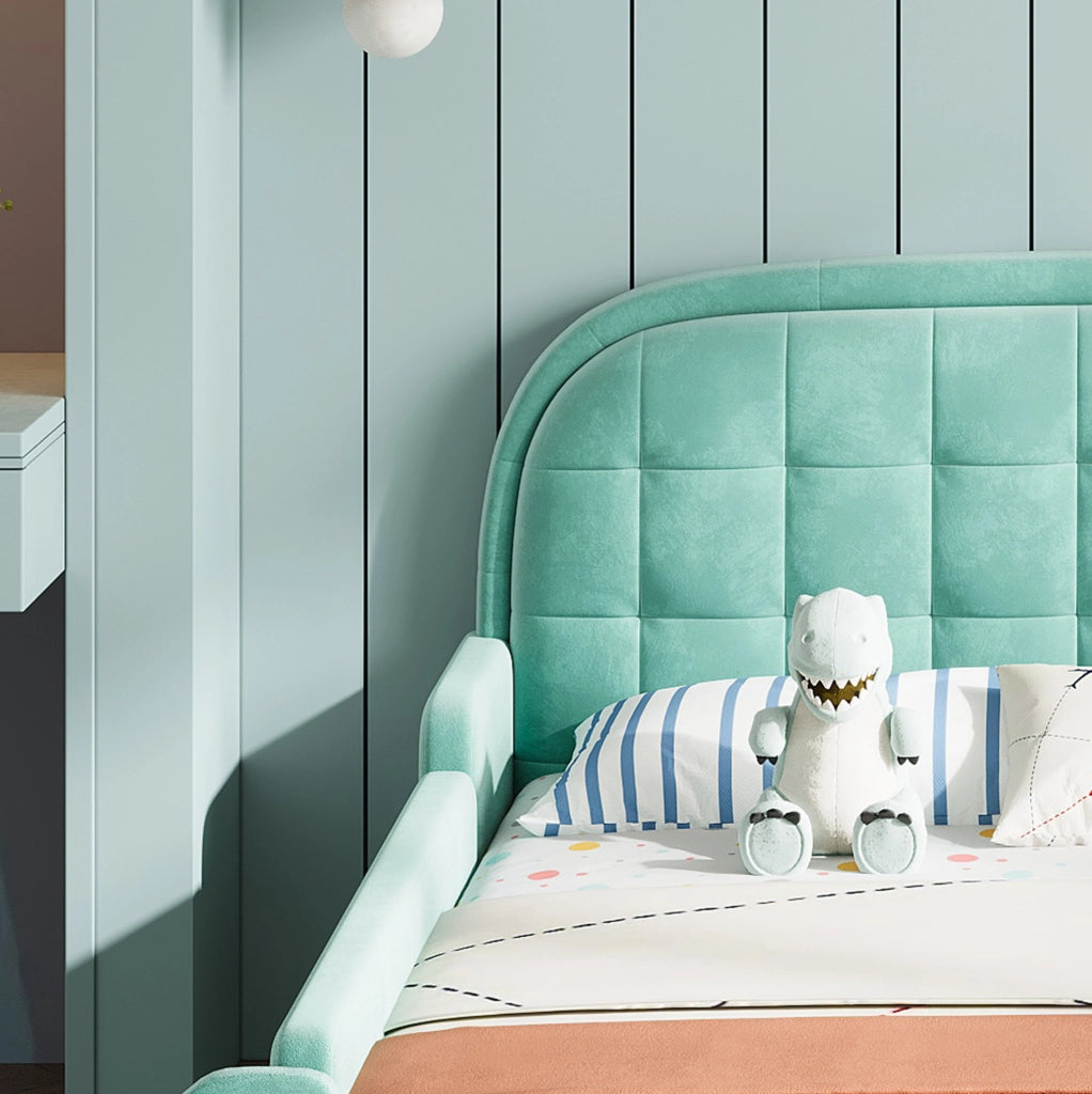 Letto per bambini 140x200 cm a forma di auto con scivolo e scala in velluto blu-verde