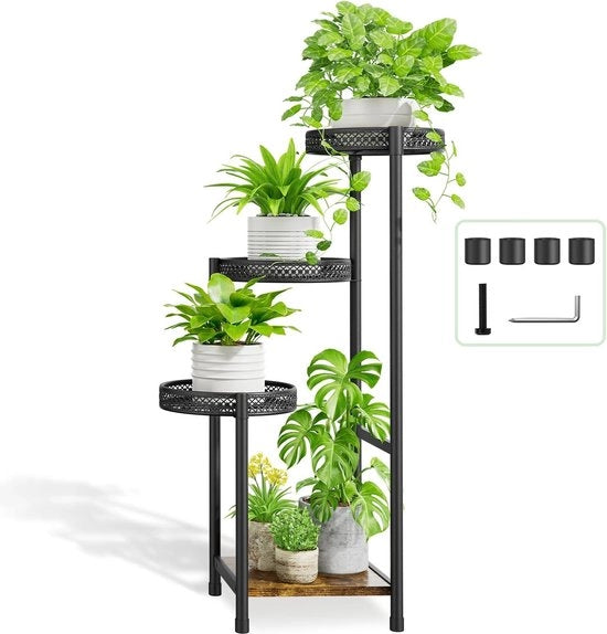 Stand per piante in metallo a 4 livelli, supporto per vasi, angolo per piante, piattaforma per fiori per più piante, display per piante moderno con foglio in legno per ufficio, giardino, balcone, terrazza, quadrato